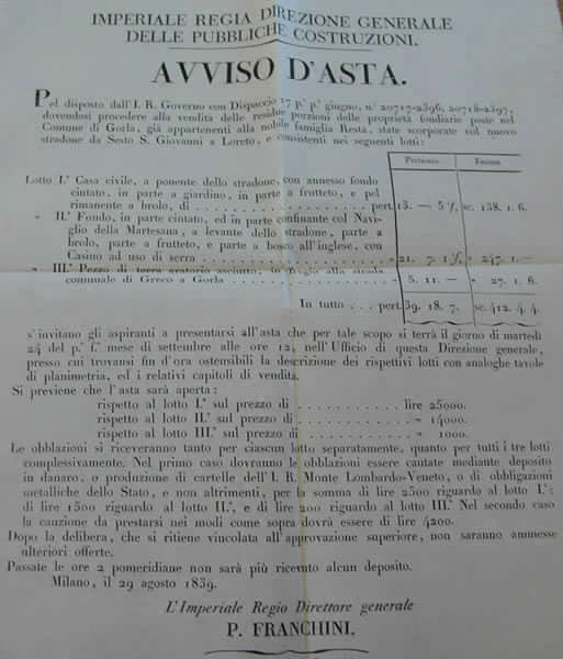 Avviso di asta. Proprieta Resta